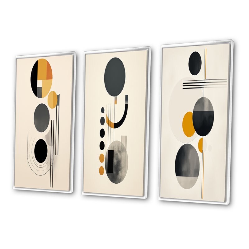 «Minimal Circular Geometric Illustration I», 3 pièces sur toile, Cadre flottant blanc, H 28 po x l 36 po