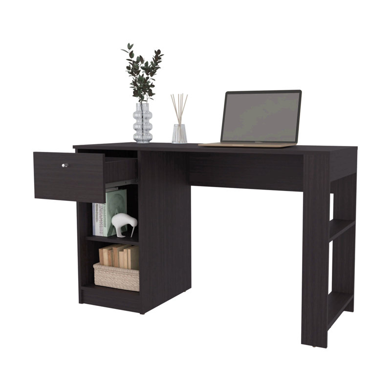 Bureau d'ordinateur avec tiroir et rangement ouvert, Brun