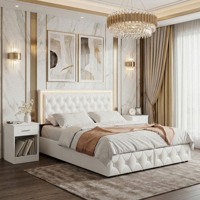 3-Piece Bedroom Sets, 4-Drawer PU Storage Bed+ 2 Nightstands,Nightstands Double as Side Tables, Full, White