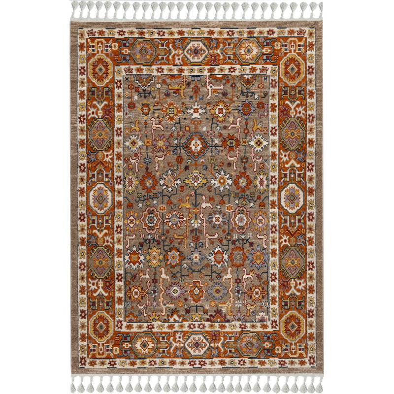 Tapis oriental en polyester tissé à la machine en brun / beige, Rectangle 6 pi 7 po x 9 pi 6 po