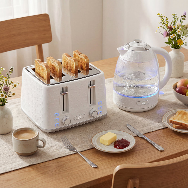 HOMCOM Kettle and Toaster Set with Strix Thermostat Crumb Tray, White