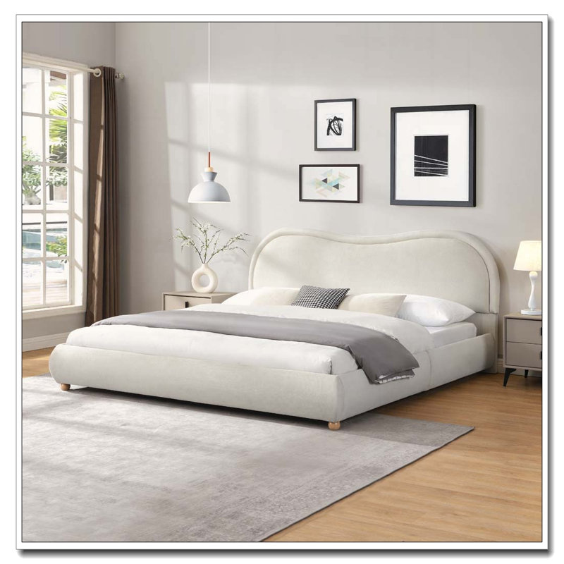 Très grand lit plateforme tapissier avec tête de lit courbée et tissu en chenille, aucun sommier nécessaire, Très grand lit