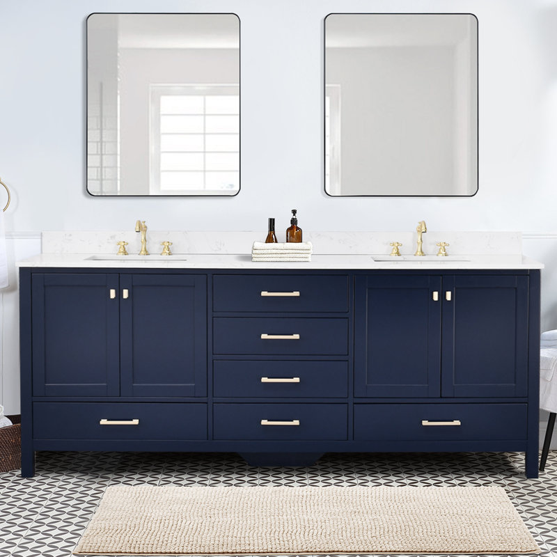 Render 84'' Double Bathroom Vanity With Engineered Stone Top, Blue