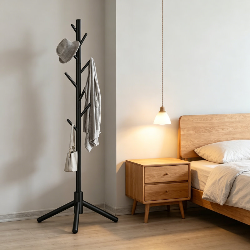 Ce nouveau portemanteau en bois noir dispose d'une base triangulaire stable, de 8 crochets avec 3 positions réglables, et convient à divers cas de figure et est facile à assembler.