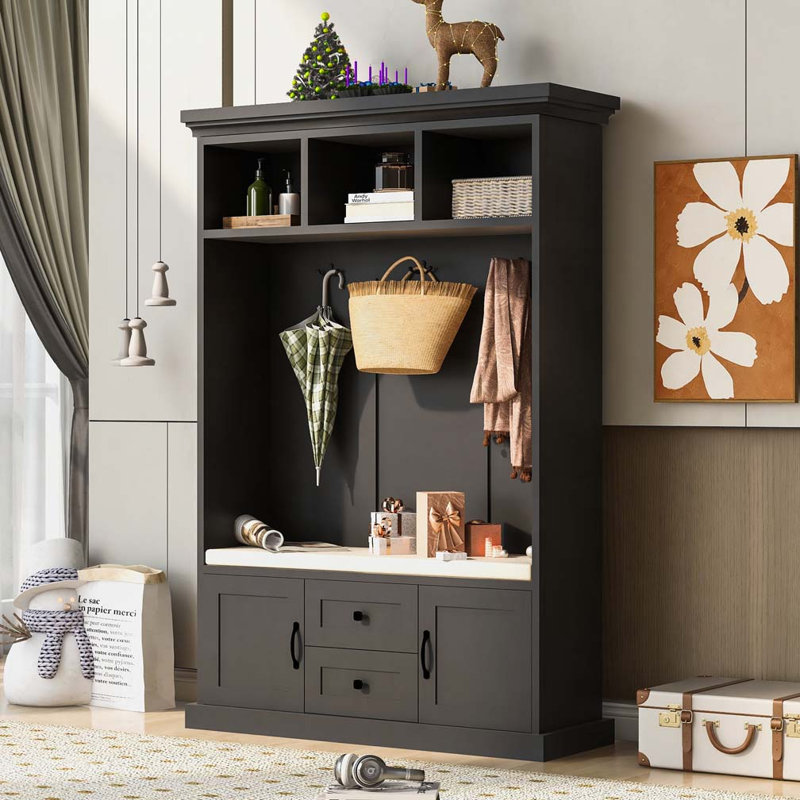 47.2"Wide Hall Tree with 3 Hooks , Coat Hanger, Entryway Bench, Storage Bench, Black