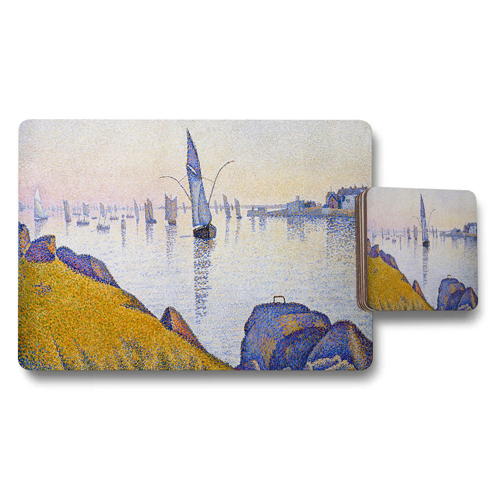 Harbor Scene Placemats And Coaster Set With Sailboats In Watercolor Style
