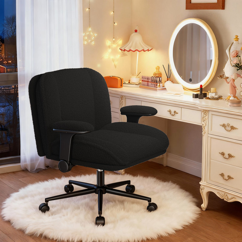 Chaise de bureau rembourrée de 28,3 po de largeur avec roulettes pour bureau à domicile, coiffeuse et dortoir, Noir