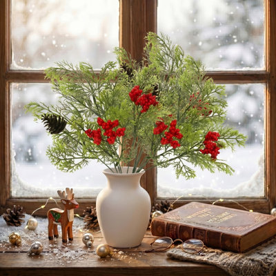 4PCS Artificial Flowers Bouquet Christmas Floral Poinsettia Pine Cones Red Berry Picks Stems Holly Holiday For Xmas Tree Party Decoration DIY Indoor Table Centerpieces