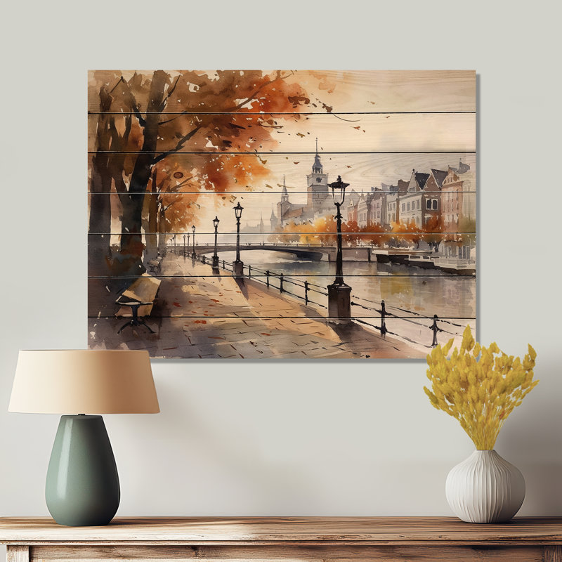 «Waterfront Cityscape II - City Art Deco», reproduction d'art murale en bois, H 30 po x l 40 po x P 0,78 po