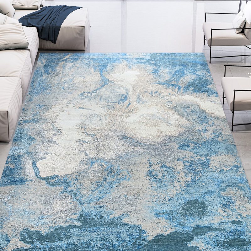 Tapis bleu et argent noué à la main de haute qualité, Rectangulaire 8 pi x 10 pi