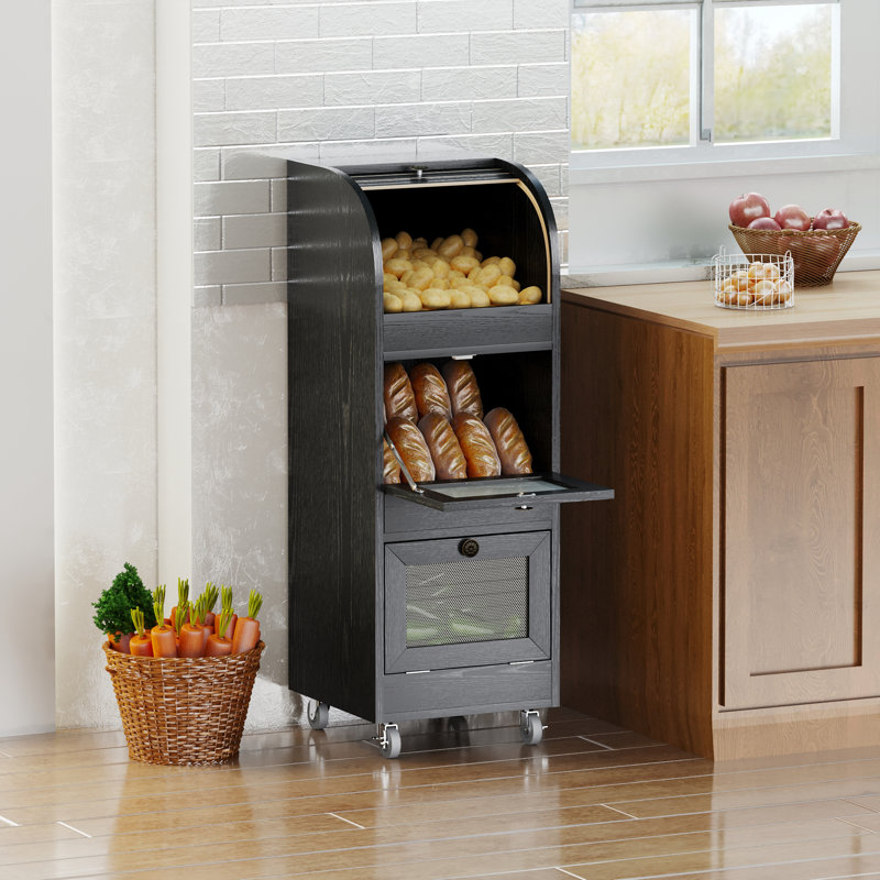 Bac de rangement pour pommes de terre 38 po, boîte à pain à 3 niveaux, rangement pour oignon en bois mobile avec roulettes et 3 armoires, armoire de rangement pour légumes pour la cuisine