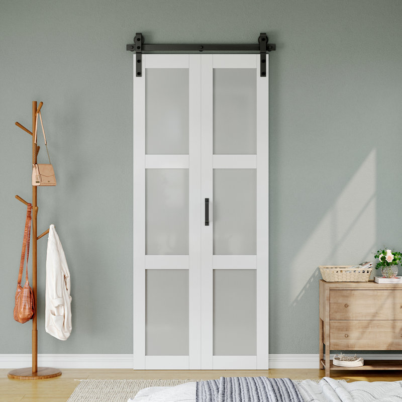 Porte de grange pliante à 3 plis H 32 po x 84 po, porte de placard intérieure en bois manufacturé avec panneaux de verre givré et quincaillerie d'installation