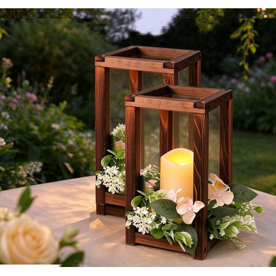 Centre de table rustique avec lanternes en bois, bougies DEL et couronnes de fleurs, décoration de mariage champêtre, 24 pièces