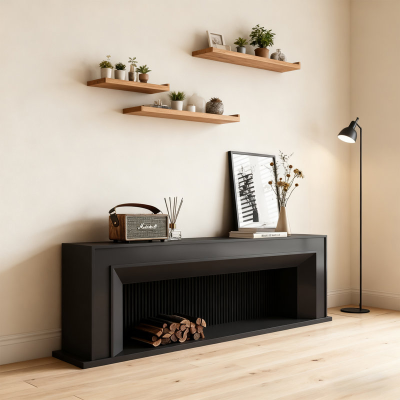 Meuble télé avec foyer en bois de hêtre massif blanc / noir clair, L 86,61 po, Noir