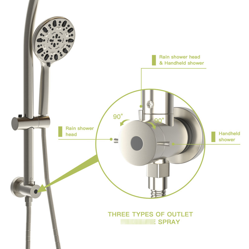Système de douche multifonctionnel en nickel brossé avec pomme de douche 4,7 po, douche à 7 poignées, barre de pluie réglable et bras