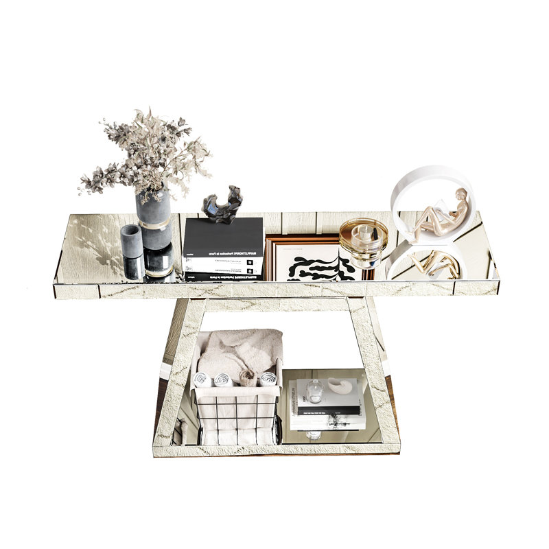 55.9" Modern Luxe Full-Body Mirror Entryway Table With Trapezoid Base – 360° Reflective Console Table