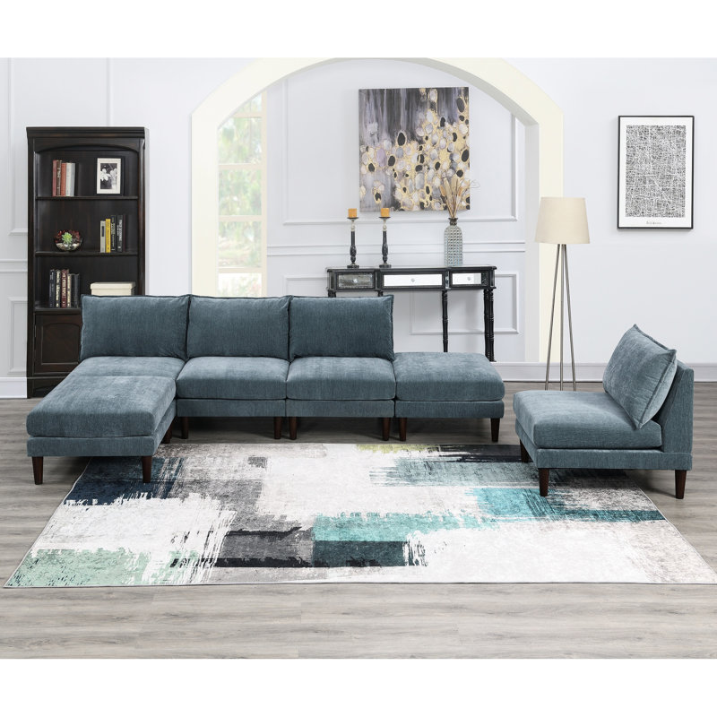 Configuration de salon modulaire de 6 pièces: 4 chaises sans accoudoirs, 2 repose-pieds en tissu chic gris minéral