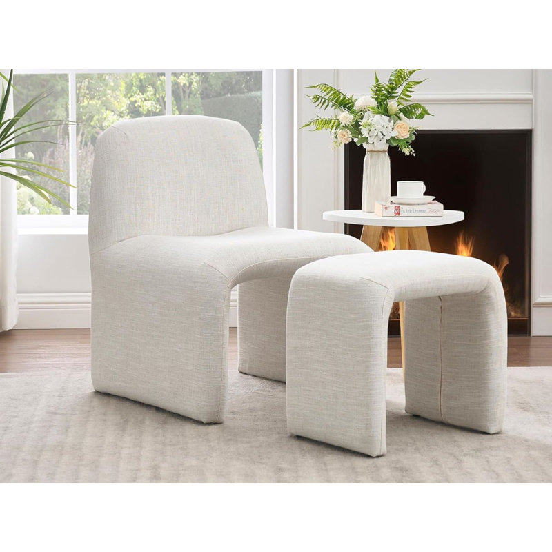 Contemporary Upholstered Accent Chair With Ottoman, Lin beige