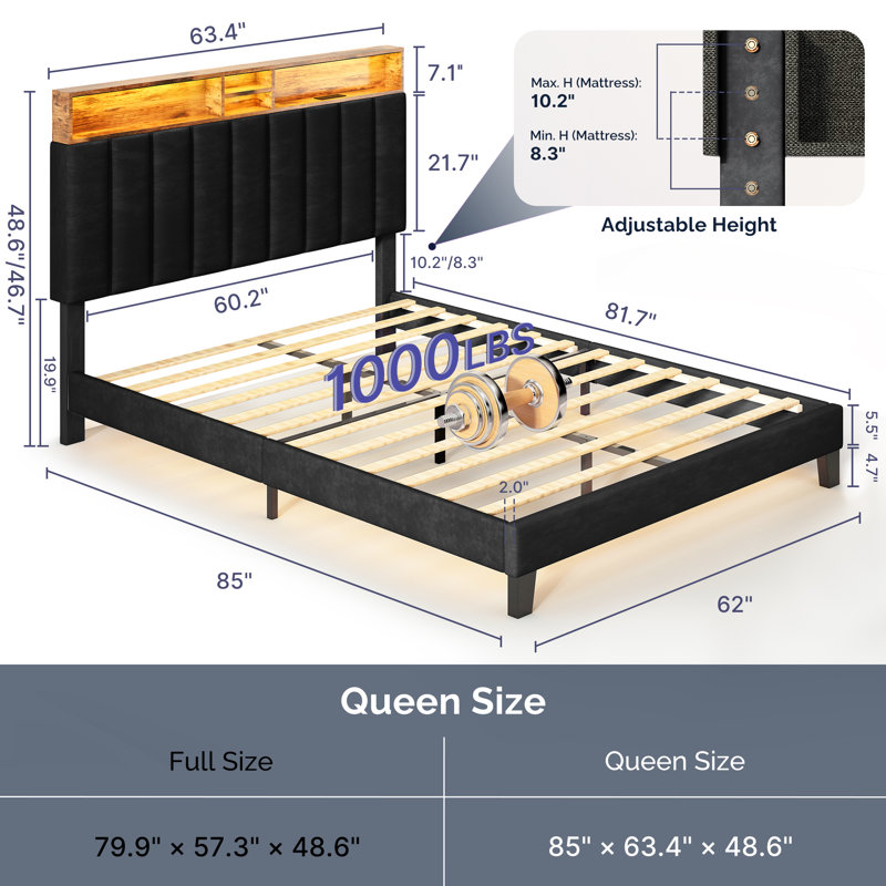 Structure de lit rembourrée avec tête de lit et tête de rangement avec lumières DEL intelligentes et station de charge USB, sans bruit, sans sommier