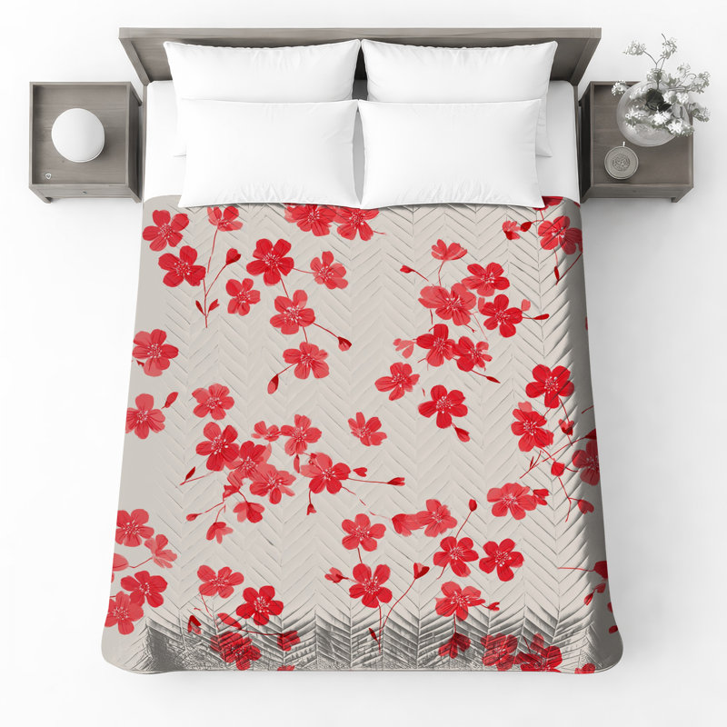 Couvre-lit matelassé Red Cherry Blossom toutes tailles, Grand lit