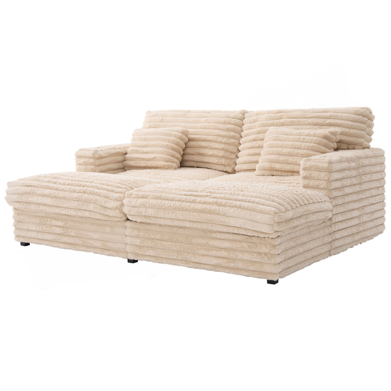 Très grand canapé-lit double de 83,5 po avec deux coussins, ports USB et porte-gobelets pour le salon, Champagne