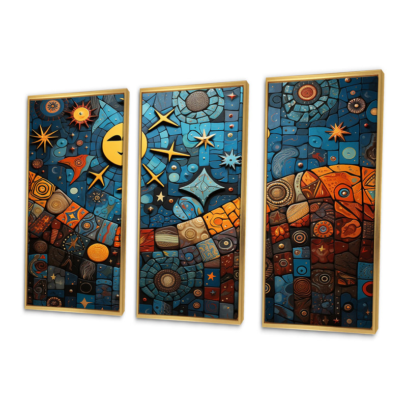 Mélange de mosaïques bleues et oranges - Boho, Cadre flottant doré, H 28 po x l 36 po x P 1 po