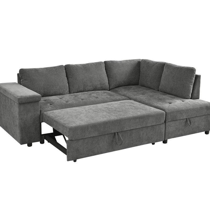 Canapé-lit gris en forme de L avec matériaux et rangement modulaire dissimulé