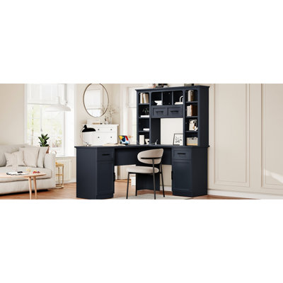 Bureau d'ordinateur antique en forme de L bleu avec 2 armoires, tiroirs, 11 espaces de rangement et prise de courant pour les tablettes ouvertes de productivité, 1 tablette rabattable à droite pour travailler efficacement