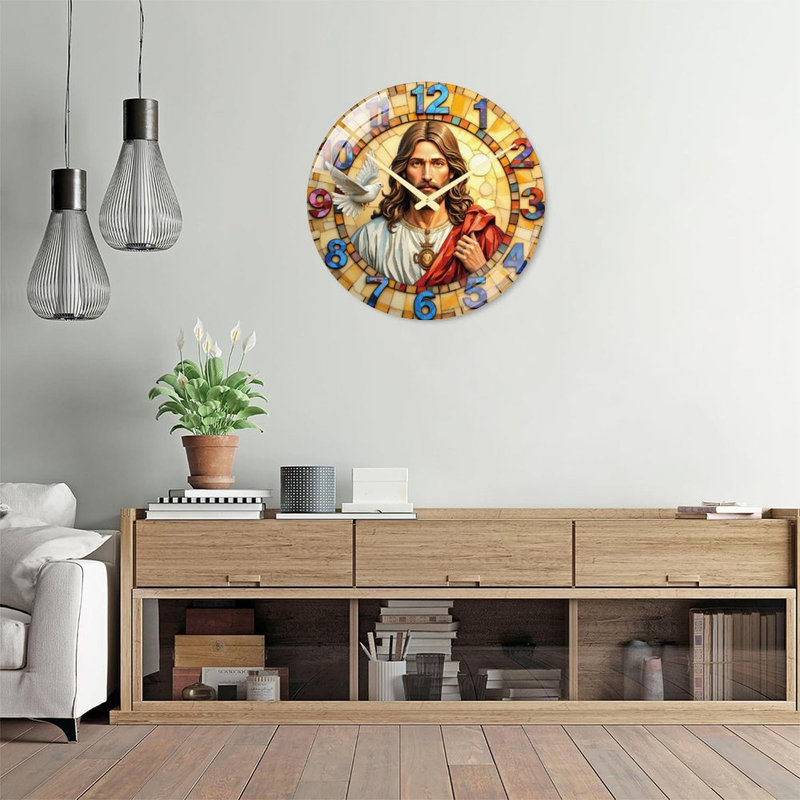 Horloge murale religieuse en verre coloré avec art de Jésus - Horloge murale 24 po