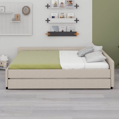 Lit plateforme tapissier en lin avec ports USB et lit gigogne simple, support à lattes de bois pour chambre à coucher, appartement