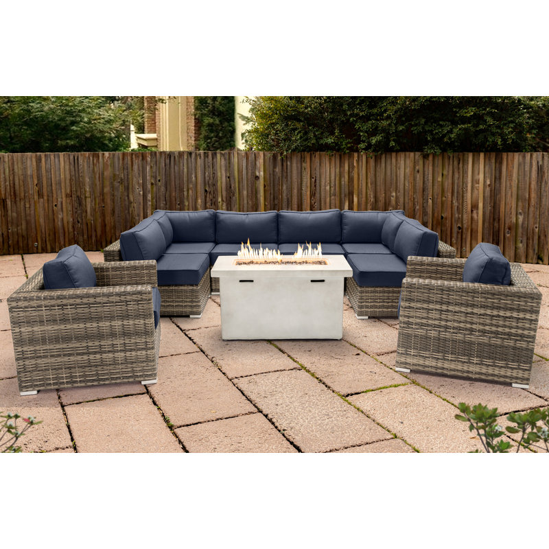Ensemble de conversation pour 6 personnes avec foyer et coussins Sunbrella Lsi, Bleu marine Sunbrella