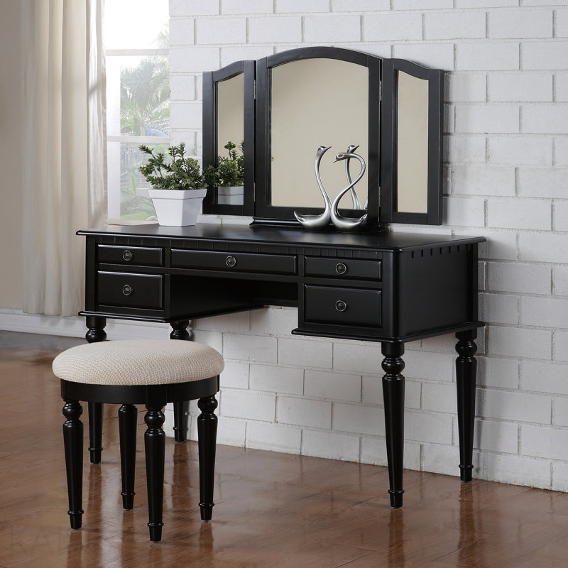Ensemble de meuble-lavabo de chambre à coucher contemporain avec tiroir et tabouret pliable, Black
