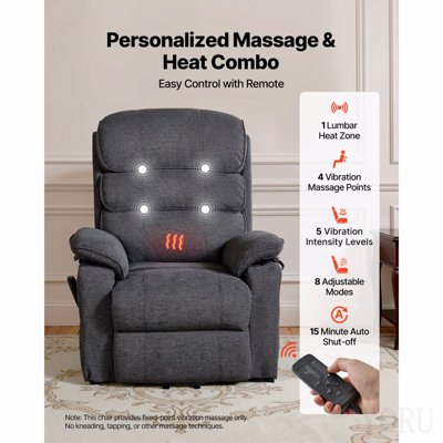 Fauteuil inclinable électrique Power Lift, fauteuil à deux moteurs avec chaleur et massage pour personnes âgées, position réglable, télécommande, avec poches latérales, tissu chenille, gris foncé
