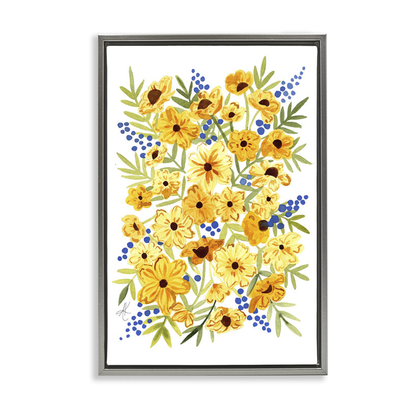 Toile flottante encadrée "Cosmos & Berries" jaune par Alexandria Gilbert Kincaid, Cadre flottant gris lustré