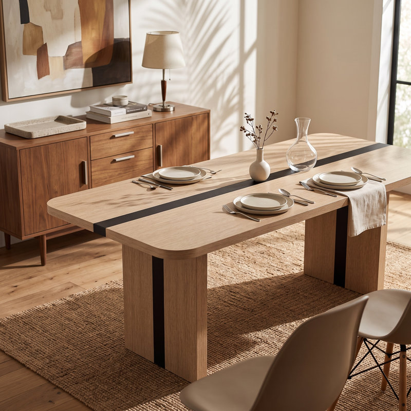 86.6" W Modern Light Oak Dining Table with Double Pedestal