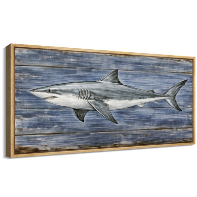 Gray Shark on Blue Coastal Nautical Marine Wall Decor Extra Large Pictures Framed Canvas Print Wall Art
