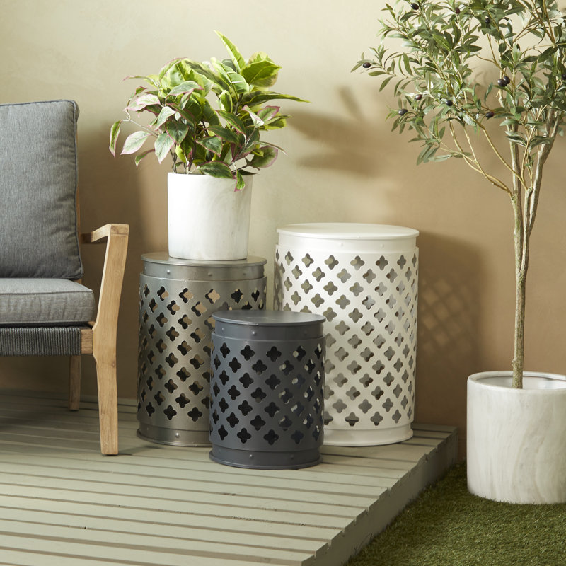 Contemporary Metal Accent Table with Laser Carved Trellis Design, White/Gray/Black