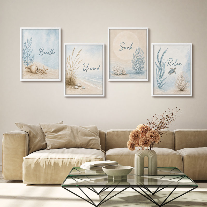 Ensemble de 4 reproductions d'art encadrées sur le thème océan océan, 14" H x 11" W, White