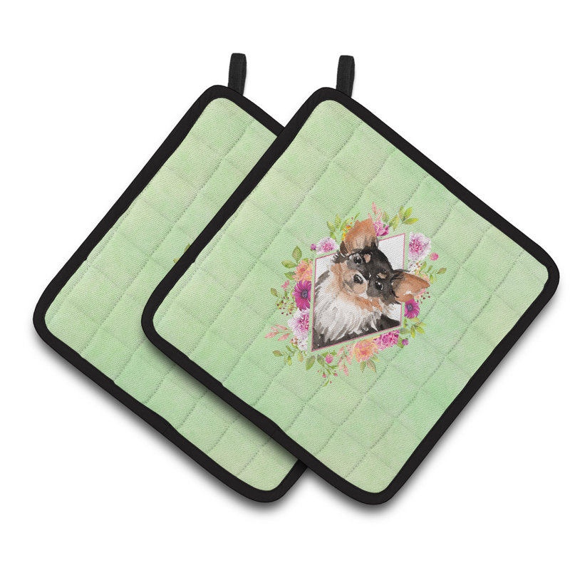 Ensemble de cuisinier poignée 2 pièces caroline trésors sheltie, Vert, Chihuahua à poils longs