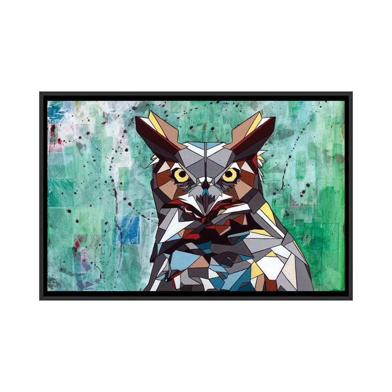 «Owl» par DAAS, impression sur toile tendue, H 18 po x l 26 po x P 1,5 po, Toile avec cadre noir, Blanc