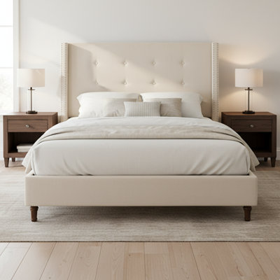54" High Headboard Queen Bed - Upholstered Wingback Bed Frame with Hand Buttoned Tufting - Ivory Velvet - No Box Spring Required
