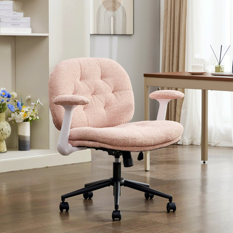 Cross-Leg Chair With Flip-Up Armrests, Cross-Leg Office Chair With Casters, Wide Seat Swivel Chair, Adjustable Makeup Chair, Suitable For Home And Office Use, Pink
