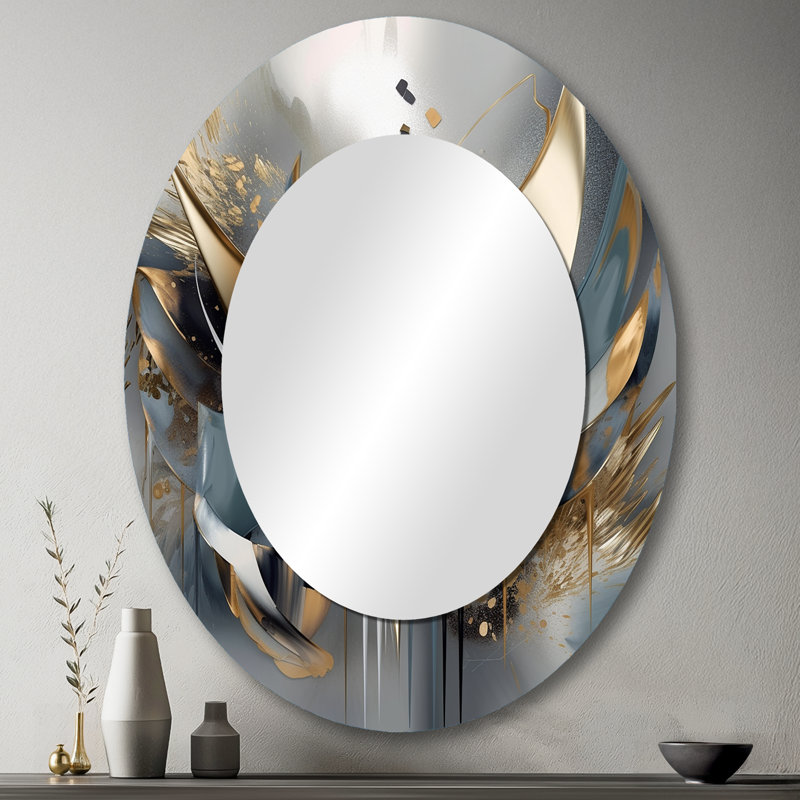 Abstrait formes abstraites et lignes IV - décor de miroir mural ovale doré, 43 po x 33 po