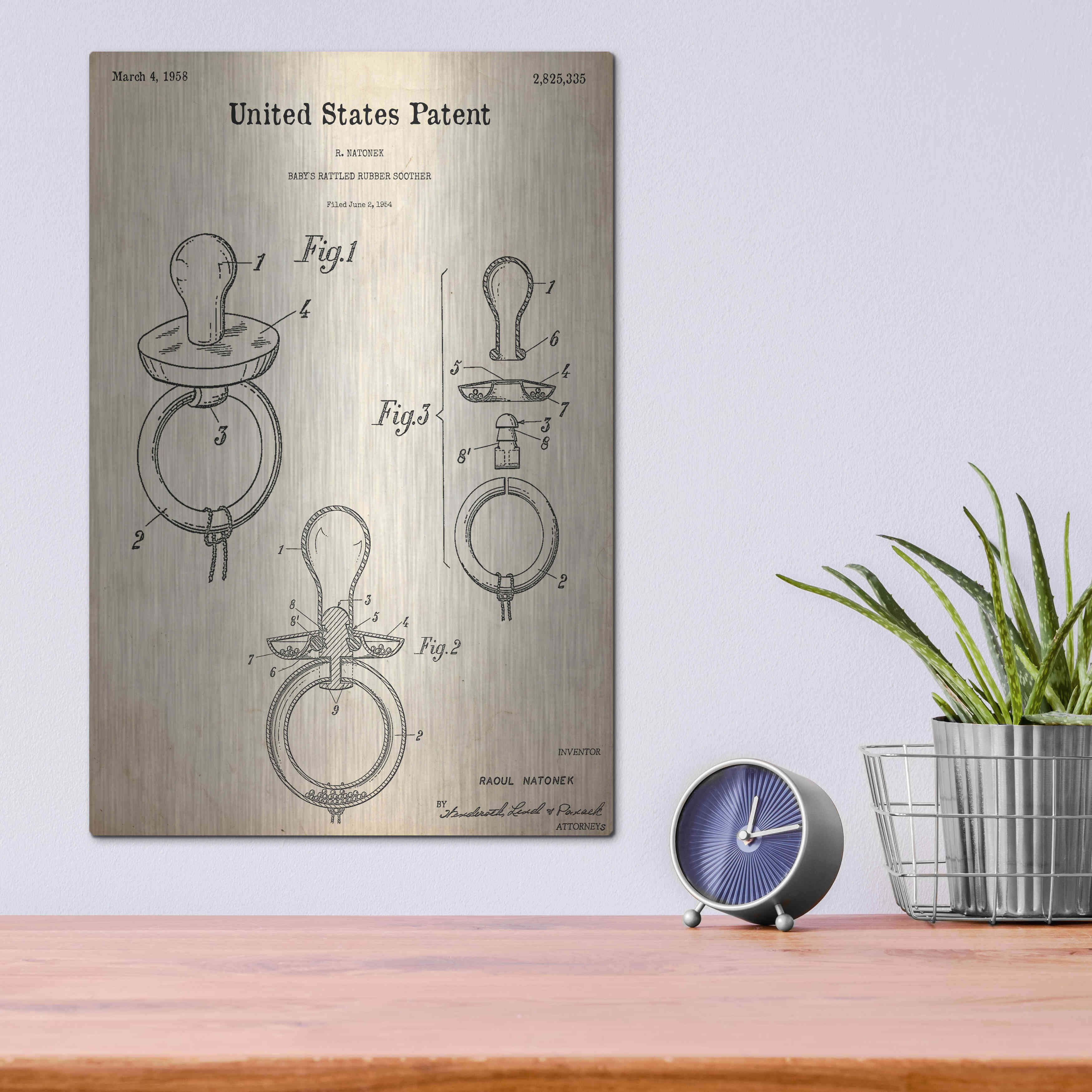 17 Stories Baby Pacifier Blueprint Patent Parchment, On Metal Print