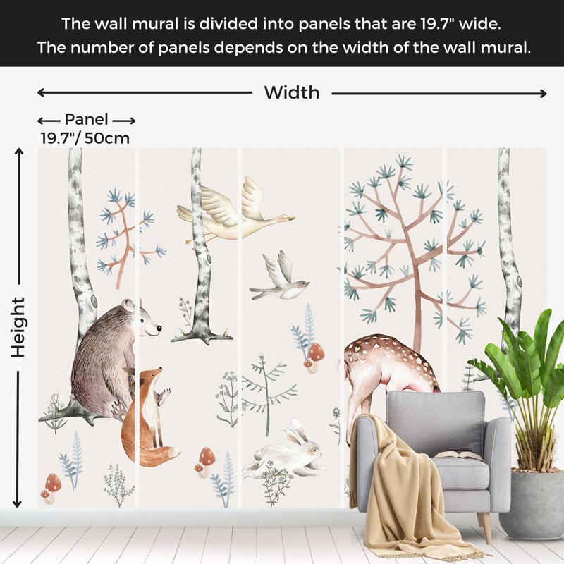Papier peint pour enfants, aquarelle, forêt avec des animaux, L 137 po x L 100 po