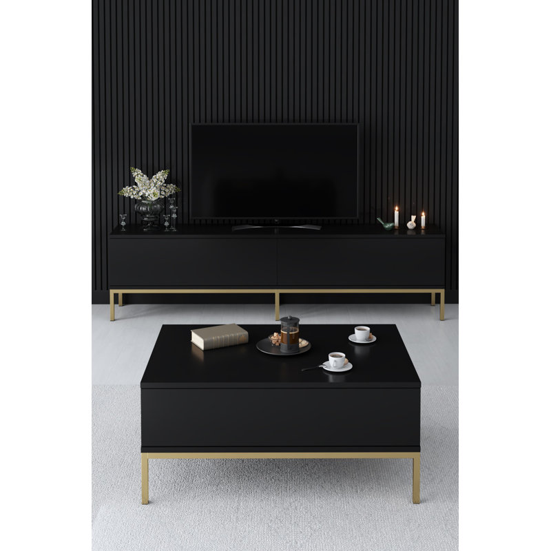 Ensemble de mobilier de salon moderne - noir et or | Meuble télé (70,9 x 18,5 x 11,8 po), console (59,1 x 31,5 x 11,8 po), table basse (35,4 x 15,7 x 23,6 po) | Panneau de particules enduit 100% mélamine, pieds en métal, décor élégant et glamour
