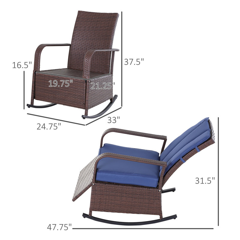 Chaise berçante d'extérieur en osier avec coussin bleu et structure en acier