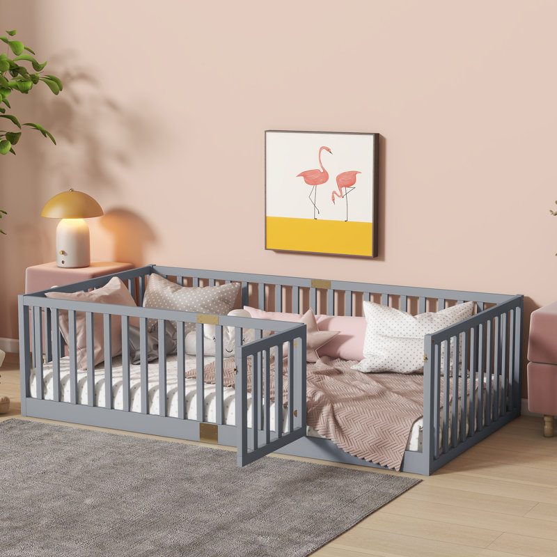 Kids Floor Bed With High Fence And Lockable Door Solid Wood Platforms Standard Bed, Gray, Twin