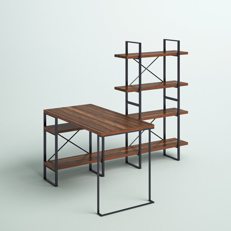 Antique Wood and Black Metal L-Shaped Writing Desk with Shelves