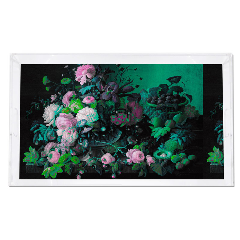 Bird Nest Floral Acrylic Rectangle Decorative Tray, Ochre Verdigris, 22.5"W x 14.5"D x 2"H